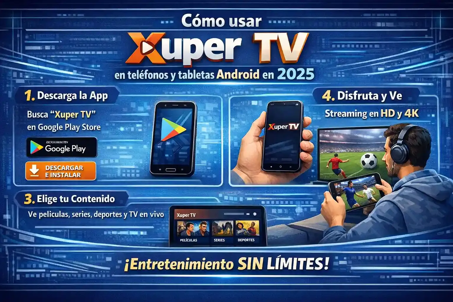 Xuper TV instalada en varios dispositivos mostrando la parrilla de canales en vivo, películas y series